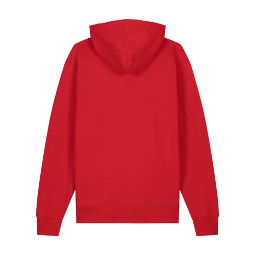 Red organic cotton hoodie in a unisex cut with hood.