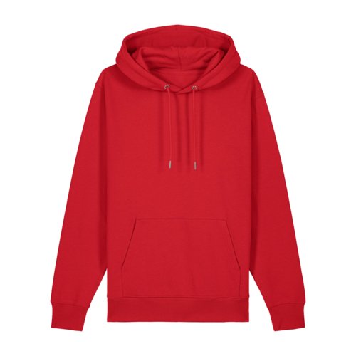 Red cotton hoodie with hood and kangaroo pocket.