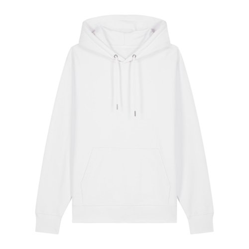 White cotton hoodie, unisex, with hood and kangaroo pocket.