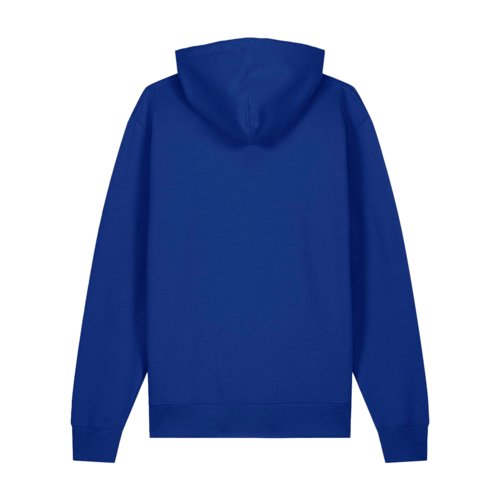 Dark blue cotton hoodie with hood and kangaroo pocket.