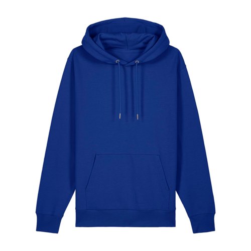 Dark blue cotton hoodie with hood and kangaroo pocket.