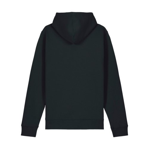 Black cotton blend hoodie with hood and kangaroo pocket.