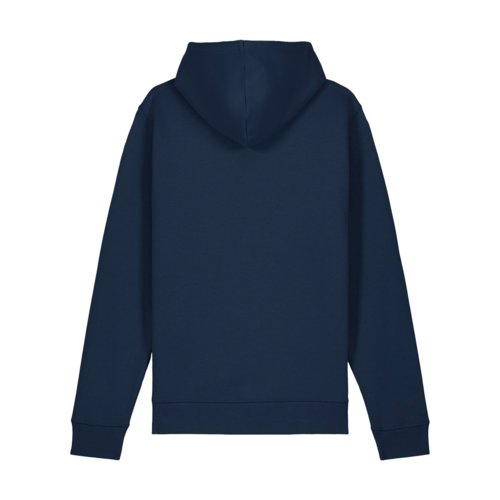 Navy blue cotton-polyester hoodie with hood and kangaroo pocket.