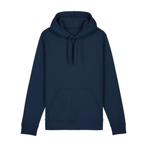 Navy blue cotton-blend hoodie with hood and kangaroo pocket.