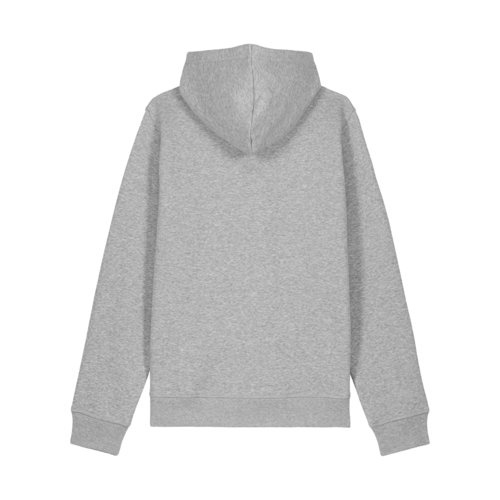 Heather gray cotton blend hoodie with hood and drawstring.