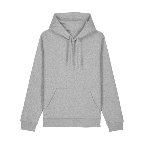 Grey heathered cotton-blend hoodie with hood and kangaroo pocket.