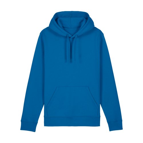 Royal blue cotton blend hoodie with hood and kangaroo pocket.