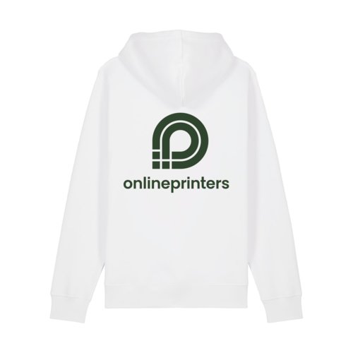White cotton-blend hoodie with hood and kangaroo pocket.