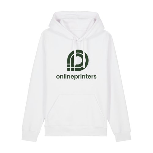 White fabric hoodie with hood and kangaroo pocket. Unisex cut.