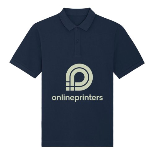 Navy blue organic cotton polo shirt with short button placket.