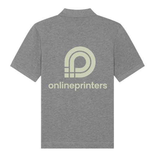 Heather gray organic cotton polo shirt with short sleeves.