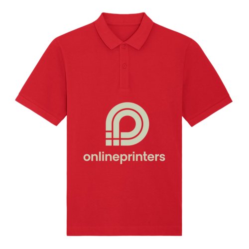 Red organic cotton polo shirt with a short button placket.