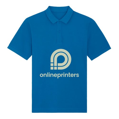 Royal blue organic cotton polo shirt with short sleeves.