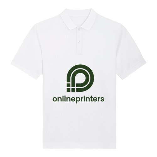 White organic cotton polo shirt with short sleeves and button placket.