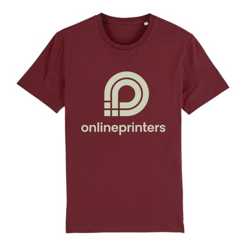 Burgundy organic cotton t-shirt with short sleeves and a round neck.