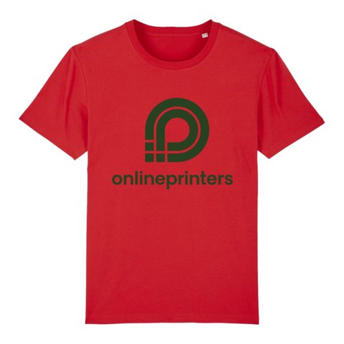 Red organic cotton t-shirt with short sleeves.