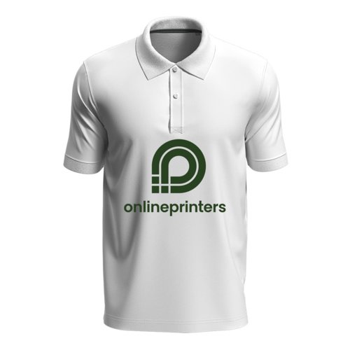 White cotton unisex polo shirt with short sleeves and button placket.