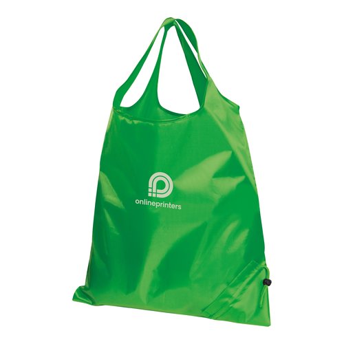 Green foldable bag with drawstring.