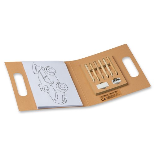 Brown coloring book with crayons, eraser and sharpener.
