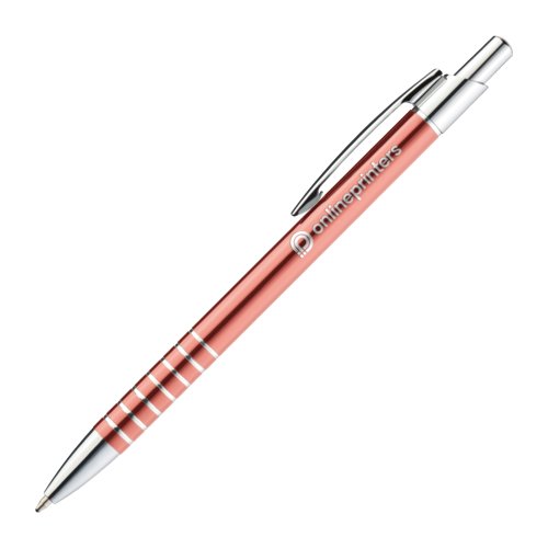 Orange metal ballpoint pen with clip and push mechanism.