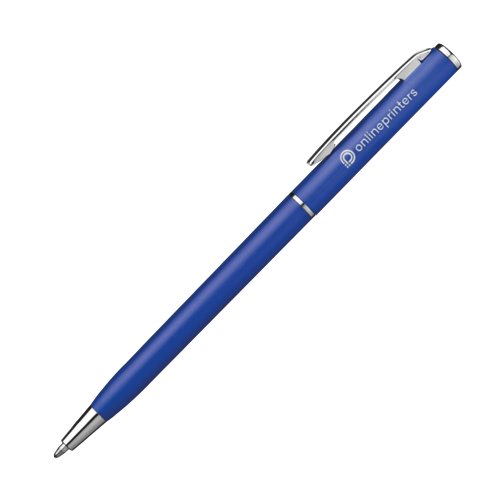Blue metal ballpoint pen with clip.