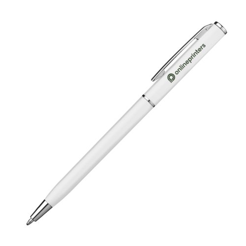 White plastic ballpoint pen with clip.