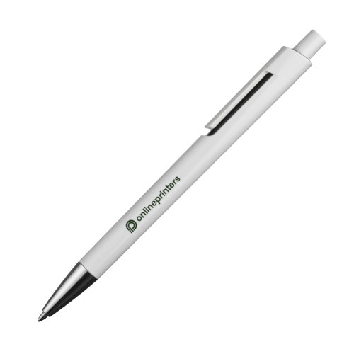White ballpoint pen with clip and push mechanism.