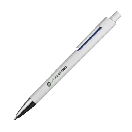 Blue plastic ballpoint pen with clip and push button.