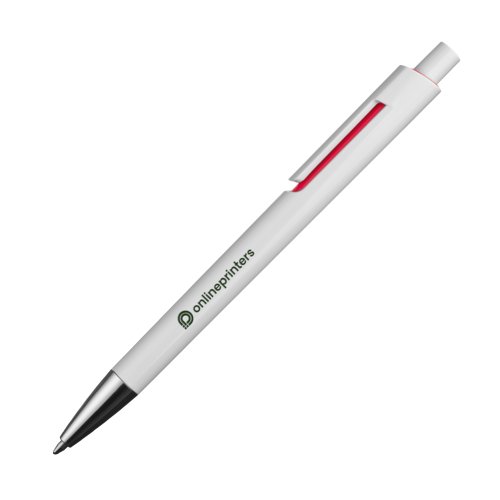Red plastic ballpoint pen with clip and push button.