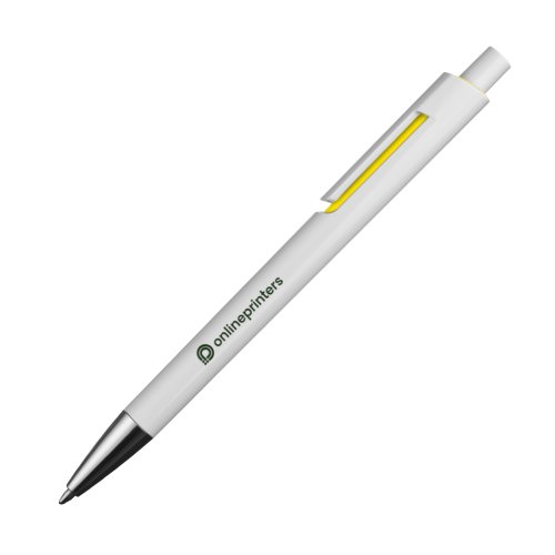 Yellow ballpoint pen with clip and push button.
