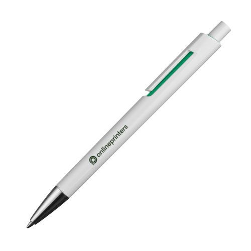 Green ballpoint pen with clip and push mechanism.