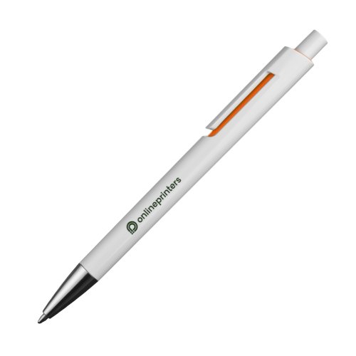 Orange plastic ballpoint pen with clip and push button.