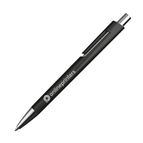 Black plastic ballpoint pen with clip and push button.