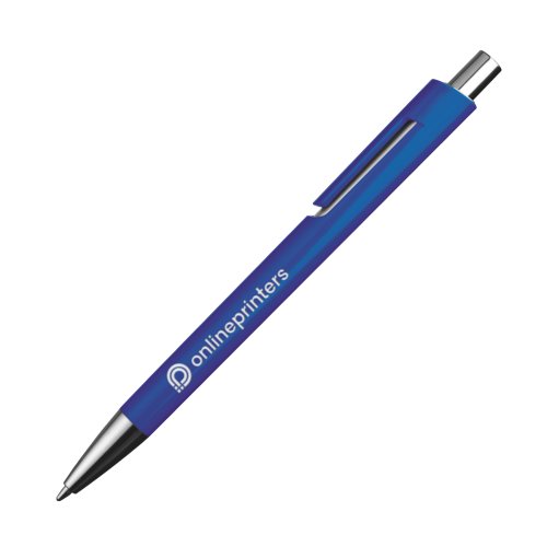 Blue plastic ballpoint pen with metal elements and clip.