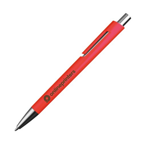 Red plastic ballpoint pen with clip and push button.