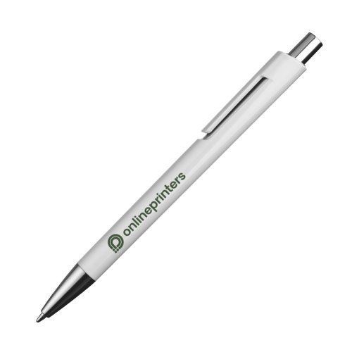 White plastic ballpoint pen with clip and push button.