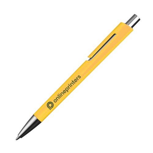 Yellow ballpoint pen with clip and push mechanism.