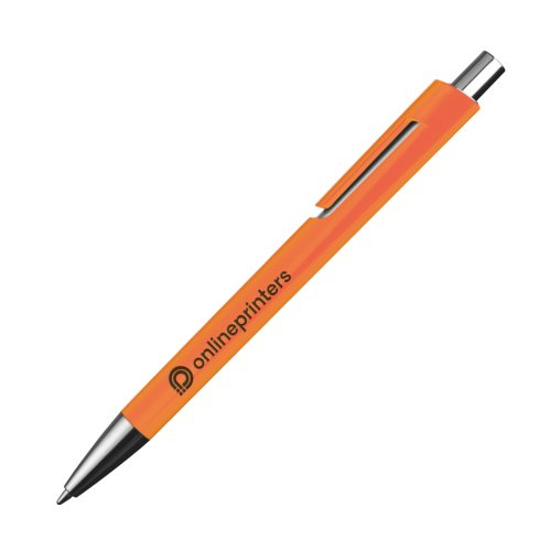 Orange ballpoint pen with clip and push button.