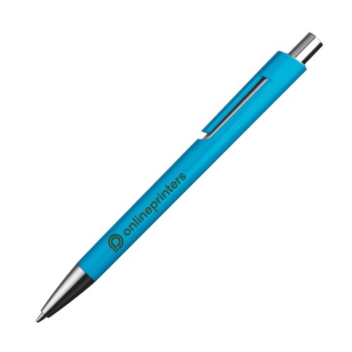 Light blue plastic ballpoint pen with clip and push button.