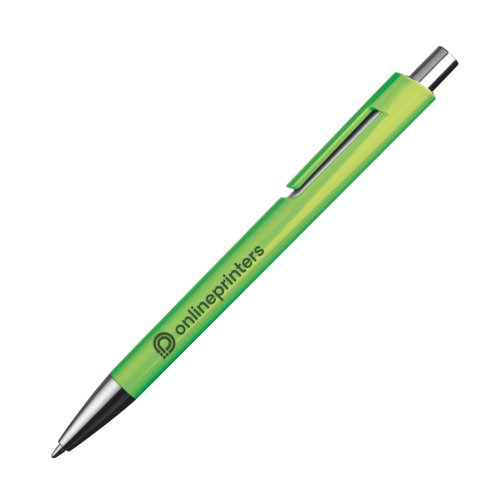 Apple green ballpoint pen with clip and push mechanism.