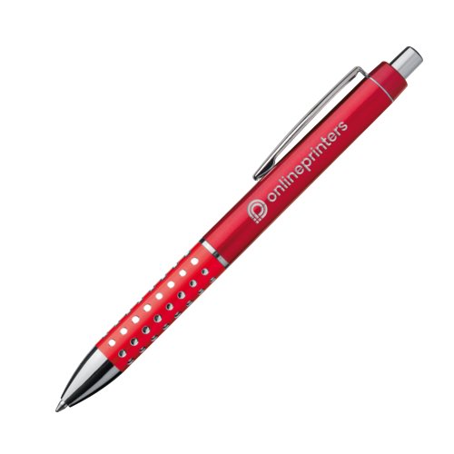 Red metal ballpoint pen with clip and push button.