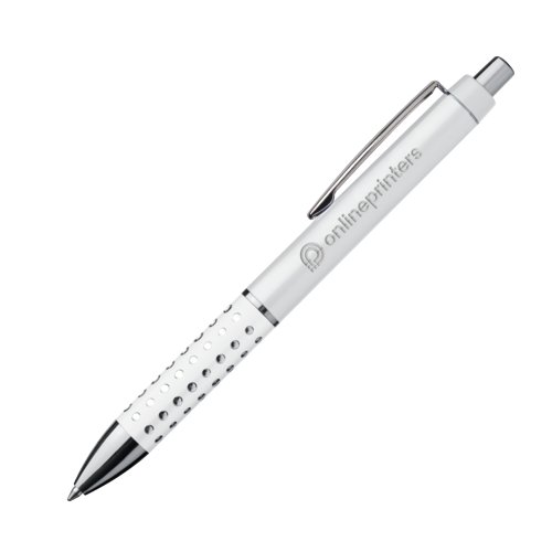 White plastic ballpoint pen with clip and push button.