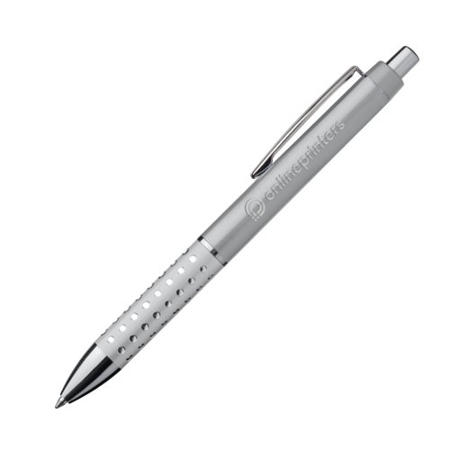 Gray metal ballpoint pen with clip and push button.