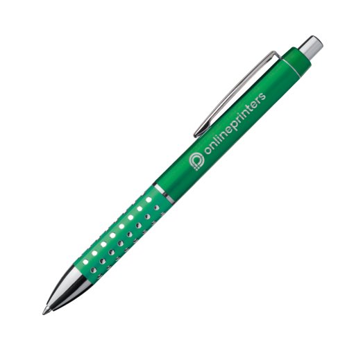 Green metal ballpoint pen with clip and push button.