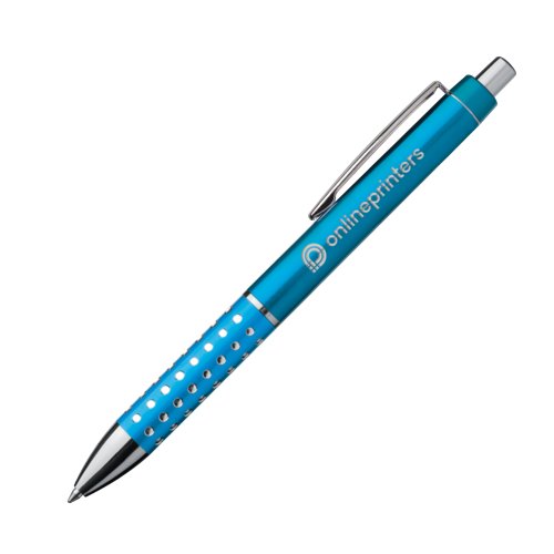 Turquoise metal ballpoint pen with clip and push-button.