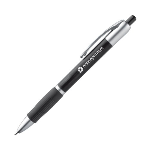 Black plastic ballpoint pen with metal accents and clip.