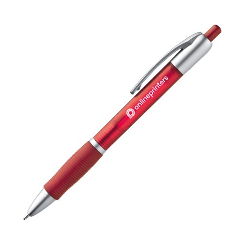 Red ballpoint pen with clip and push mechanism.