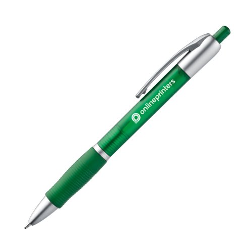 Green plastic ballpoint pen with clip and push-button.