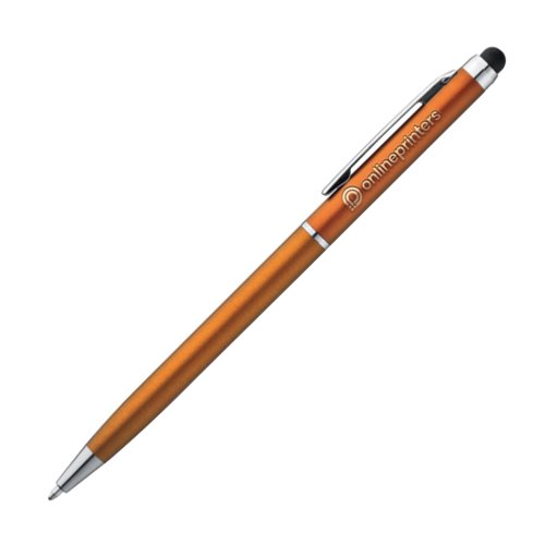 Orange metal ballpoint pen with touch function and clip.