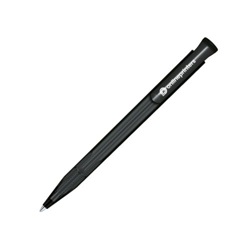 Frosted plastic ballpoint pen with clip and push mechanism.